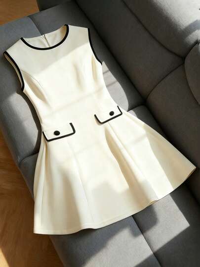 Franclia Plus Size Spring/Summer New Soft White Round Neck Black Trim Sleeveless A-Line, Black Trim Faux Pocket Waist Cinching Design, Suitable For Daily Gatherings And Sweet Dates Cute Dress Vest Dress Preppy Dress White Classy Dress Mini Dress