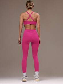 Musera Sport 女士交叉露背上衣和紧身裤运动套装，适合健身房锻炼 - 玫紅色 - 查看 2