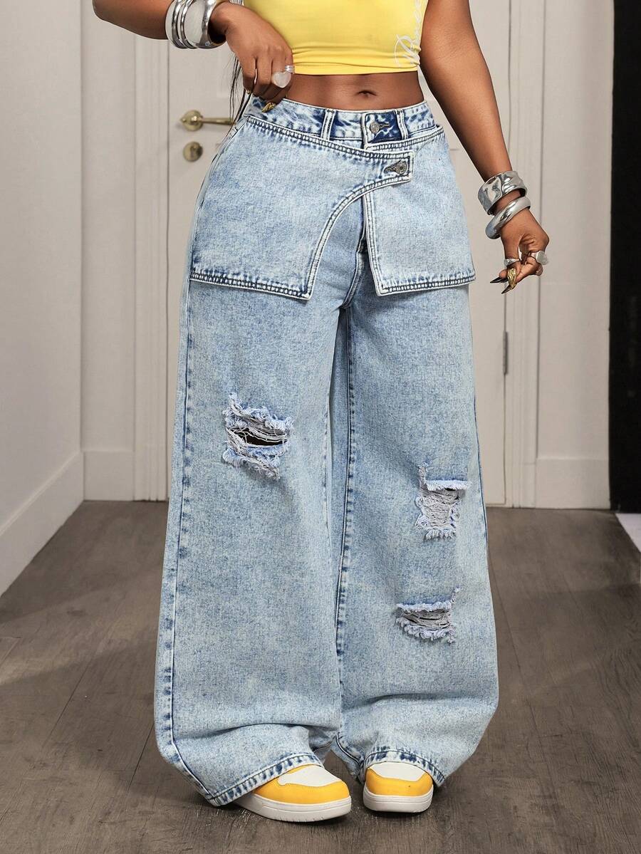 BamGleam 女士休闲日常水洗做旧二合一牛仔裤 - 淺色水洗藍 - 查看 1