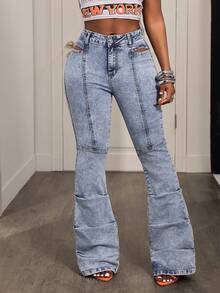 BamGleam Women's High Waist Cutout Ruched Flare Leg Casual Jeans - Light Wash - View 4