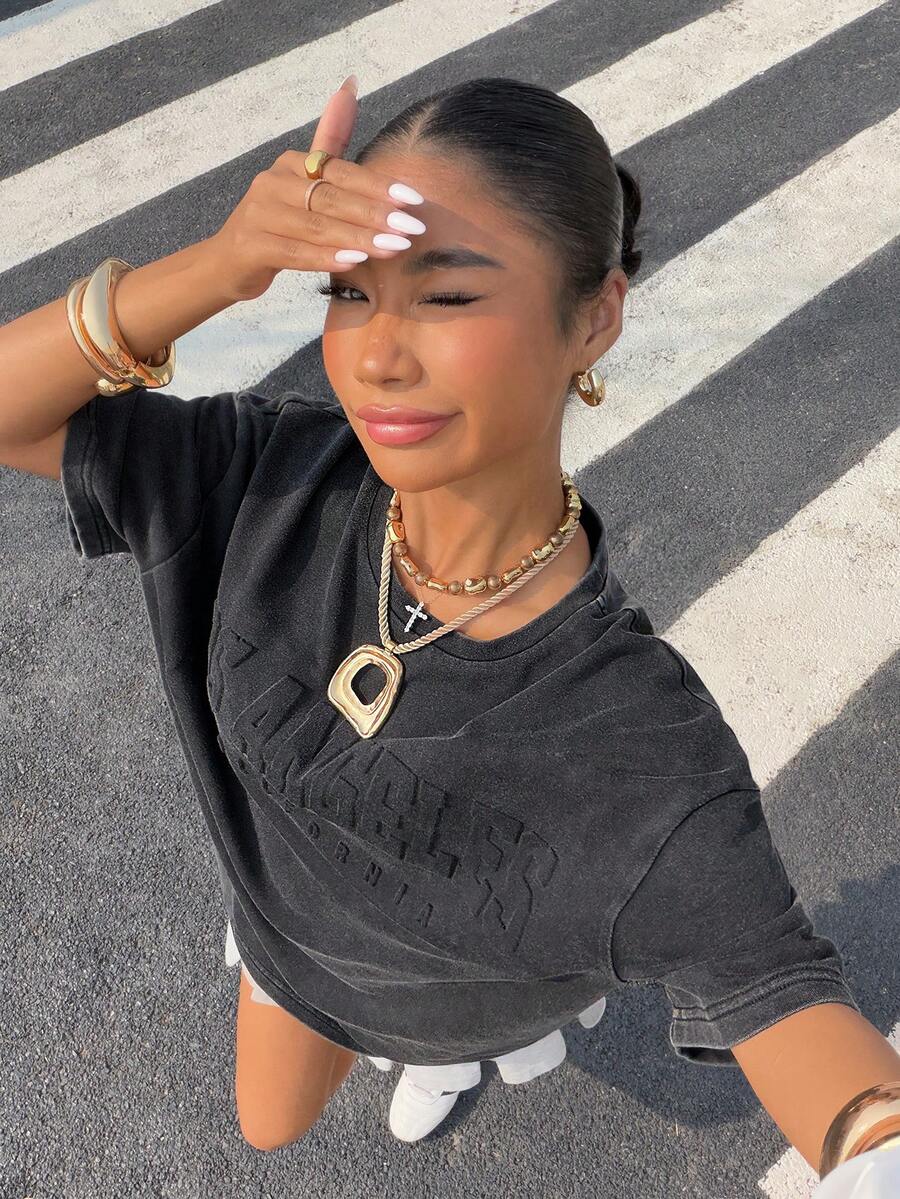 Muchica 街头风水洗压纹女式长袖T恤，黑色 - 黑色 - 查看 1