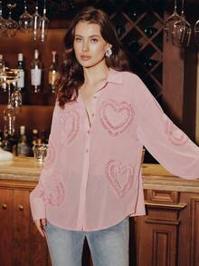 Anewsta Áo kiểu dài tay màu hồng dáng rộng, cổ áo họa tiết hoa 3D hình trái tim dành cho nữ. - Hồng - Xem 4