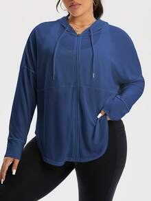 Rhythm Era Jaqueta Esportiva com Capuz e Cordão Embutido, Cor Sólida, Casual, Plus Size para Mulheres, Jaquetas Plus Size Athleisure, Moletons Plus Size para Mulheres, Roupas Esportivas Plus Size para Mulheres - Azul Marinho - Visão 2