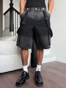 Manfinity EMRG 男士休闲街头风牛仔背带短裤 - 黑色 - 查看 7