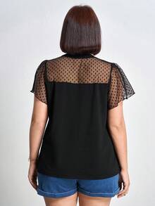 Chikora Plus Size Music Festival Women Loose Fit Round Neck Mesh Contrast Ruffle Short Sleeve Top For Summer,Office Outfits For Women - Black - View 2