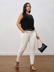 Reflora 大码女式水钻花朵装饰网眼拼布吊带背心 女式休闲上衣，女式优雅上衣，上衣 女式上衣，抹胸，女式背心，海滩，商务休闲女装，女式抹胸，优雅 - 黑色 - 查看 4