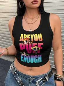 THE POWERPUFF GIRLS X SHEIN 大码夏季休闲字母卡通印花露脐背心 - 黑色 - 查看 3