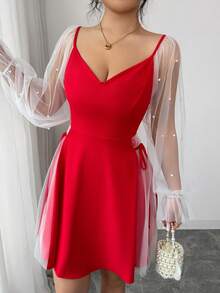 Rafferiza Women's V-Neck Lantern Sleeve Beaded Mesh Patchwork Cinched Waist Elegant Mini Dress - Red - View 3