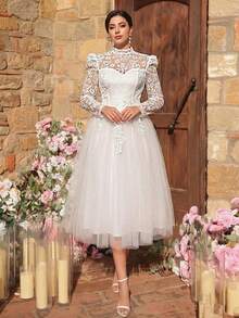 Aureia 大码优雅浪漫白色立领泡泡袖薄纱奢华刺绣网纱拼接A字婚礼宾客礼服 - 白色 - 查看 8