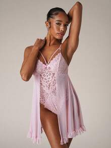SHEIN BAE 透明网眼拼接二合一性感蕾丝女式内衣紧身衣 - 淺粉色 - 查看 5