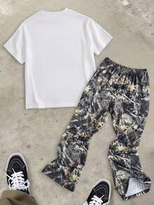 SHEIN 青少年男孩卡通肖像图案圆领短袖T恤和短裤套装，夏季 - 彩色 - 查看 3