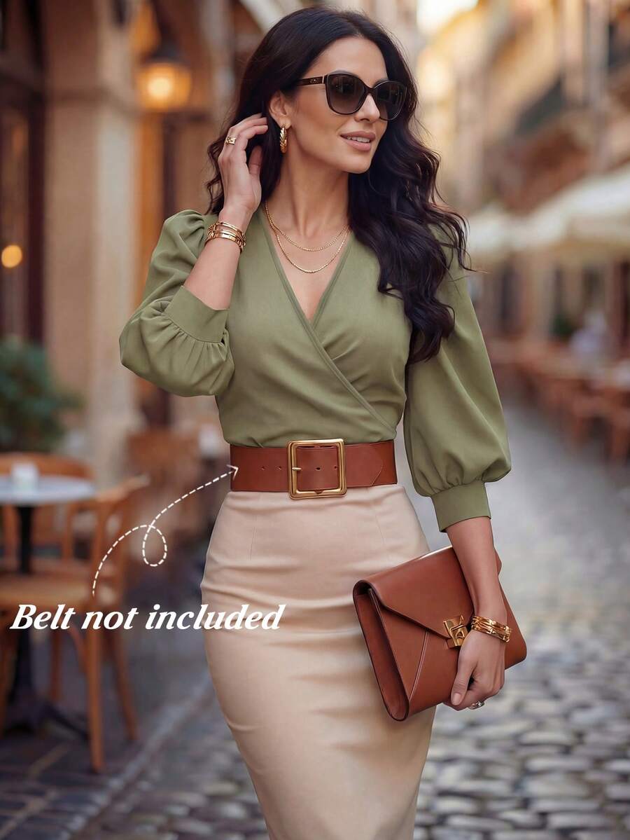 Balvessa V-Neck Criss-Cross Puff Sleeve Crop Blouse For Women - Green - View 1