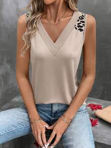 Selamara Khaki V-Neck Casual Sleeveless Top With Leopard Print Shoulder Design - Multicolor - View 5