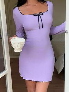 Women's Contrast Trim Scoop Neck Fitted Elegant Long Sleeve Nightgown - Purple - View 3