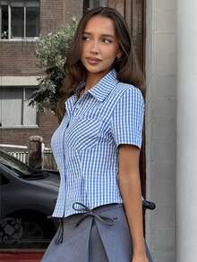 MainGRL 休闲美式运动风亮蓝色白格子修身短款衬衫，带口袋 - 藍白色 - 查看 6