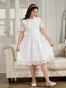 SHEIN 女童优雅可爱公主裙，白色蝴蝶结领口搭配蓝色花卉纹理面料，泡泡袖收腰中长连衣裙，派对迷你裙，优雅小公主 - 白色 - 查看 6