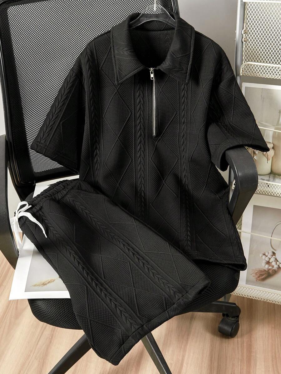 Bộ 2 món gồm áo polo cổ bẻ và quần short kiểu dáng thường ngày dành cho thiếu niên nam. - màu đen - Xem 1