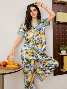 Chillnights 时尚夏季柠檬假日图案缎面短袖睡衣套装，可爱柔软的女士睡衣 - 彩色 - 查看 4