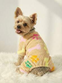 PETSIN 1件宠物猫狗通用卡其色抓绒保暖爪印骨头印花法兰绒连帽连体衣 - 彩色 - 查看 5