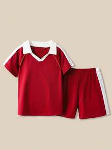 SHEIN Explorewe Young Girl Summer Casual Contrast Color Polo Collar Short Sleeve T-Shirt And Shorts Set - Burgundy - View 1