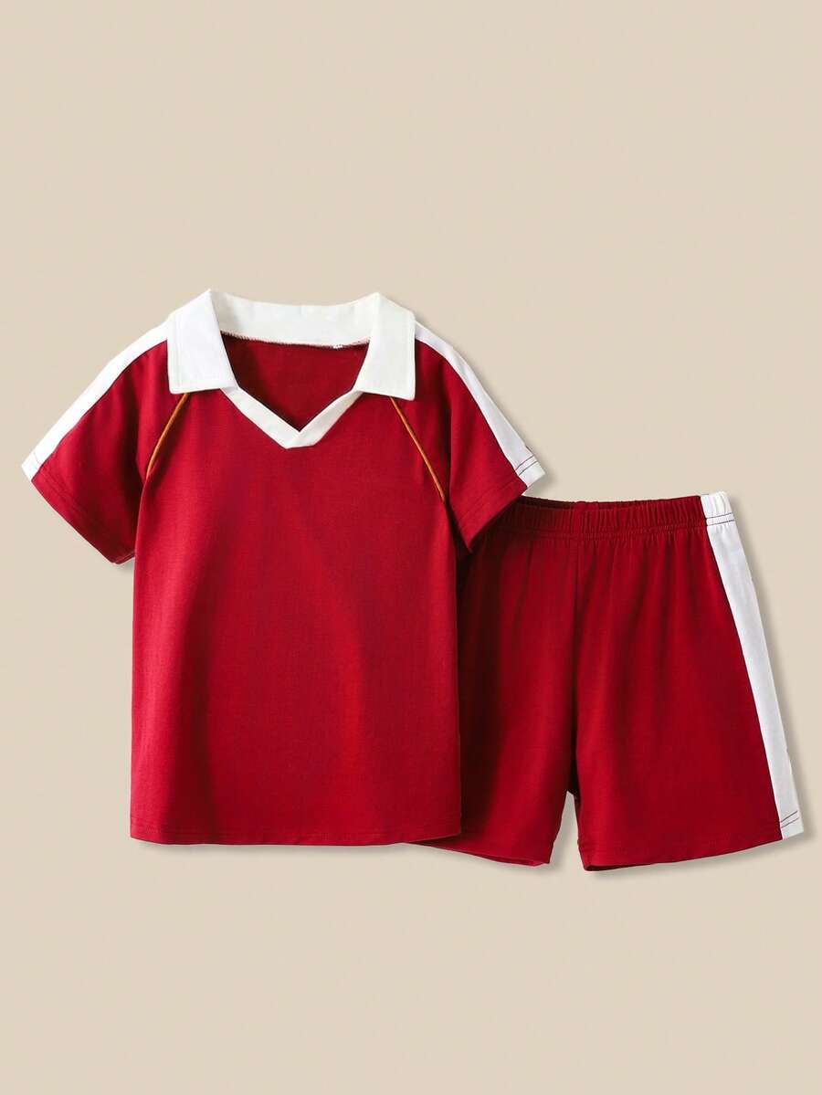 SHEIN Explorewe Young Girl Summer Casual Contrast Color Polo Collar Short Sleeve T-Shirt And Shorts Set - Burgundy - View 1