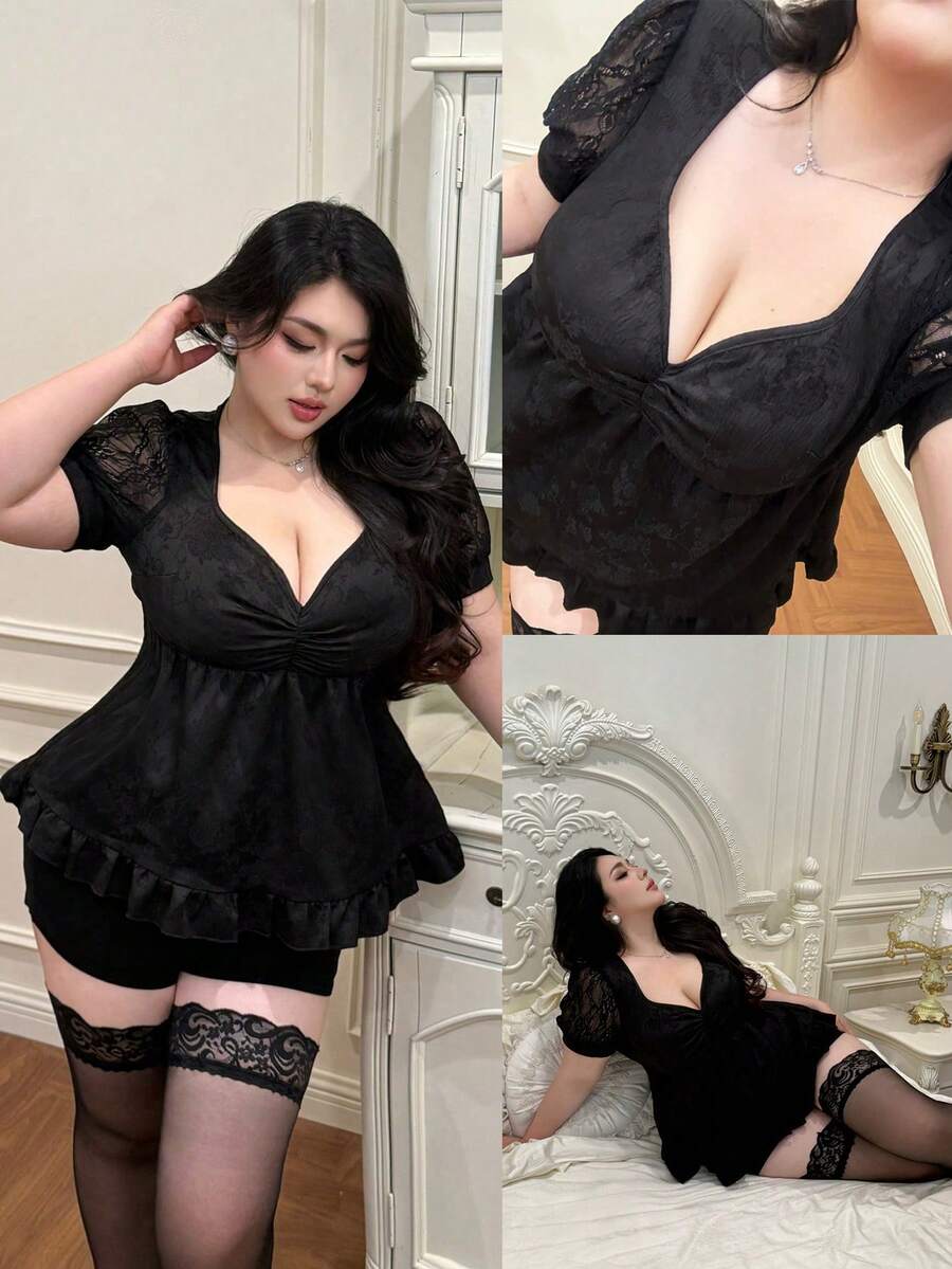 Vibekara Blusa corta de manga corta con parches de encaje negro de talla grande, favorecedora para el verano - Negro - Ver 1