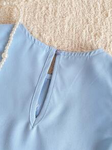 PrepCrw 1件装少女优雅串珠蝴蝶结装饰褶皱无袖圆领浅蓝色连衣裙，适合休闲、外出、聚会、节日、春夏季节穿着。 - 藍色 - 查看 7