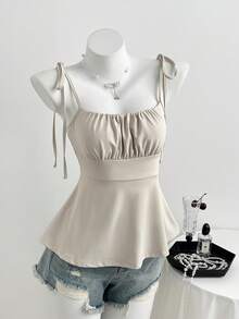 女士休闲百搭褶皱吊带背心，杏色，适合春夏穿着，优雅可爱。 - 杏色 - 查看 4