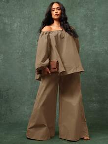 Vixey Elasticized Off Shoulder Long Sleeve Oversized Top - Coffee Brown - View 3