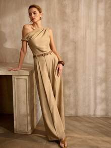 MOTF PREMIUM ASYMMETRICAL SHOULDER JUMPSUIT WITH BELT, VINTAGE STYLE, SPRING/SUMMER - Khaki - View 7