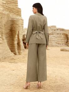 Modelyn 女士卡其色条纹长袖交叉系带纽扣腰A字优雅上衣和直筒长裙两件套，春夏款 - 卡其色 - 查看 2