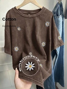 Comfortcana 大码女式休闲雏菊刺绣落肩T恤，夏季 - 棕色 - 查看 6