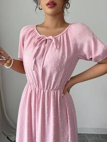 Modelyn 粉色女士短袖提花面料系领拼接设计浪漫夏日连衣裙 - 粉色 - 查看 7