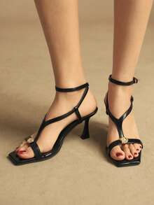 Rosivie Giày cao gót mũi vuông cho nữ, sandal La Mã quai chéo khóa kim loại, kiểu dáng mới. - màu đen - Xem 3