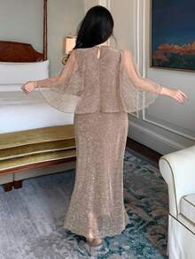 DAZY 亮片披肩收腰中长连衣裙（女款） - 杏色 - 查看 2