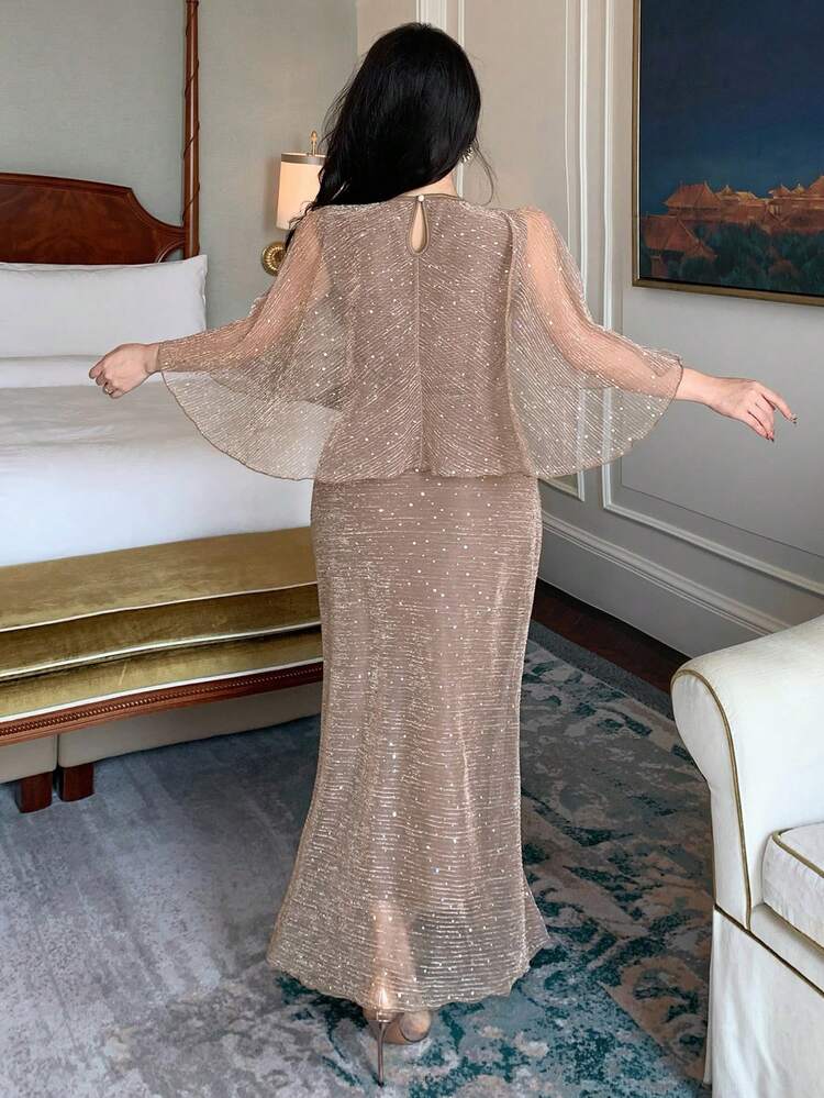 Sequin Shawl Waist Cinched Mid-Length Dress For Women Wedding Guest Dress Summer Sundress