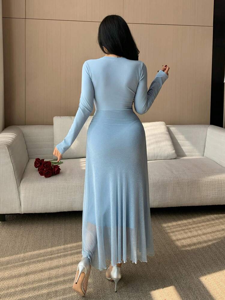 Women's Elegant Solid Color Hollow Out Pleated Mid-Length Dress, Spring/Summer Wedding Guest Dress Maxi Dress Sundress