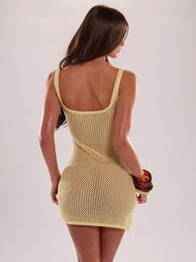 SHEIN BAE Women's Pale Yellow Embroidered Rope Knit Dress For Autumn,Boho Beach Vacation,Holiday Elegant Openwork Sleeve Knit Dress For Seaside Dates - Yellow - View 2