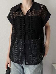 FRIFUL 女士蕾丝刺绣宽松开衫衬衫 - 黑色 - 查看 6