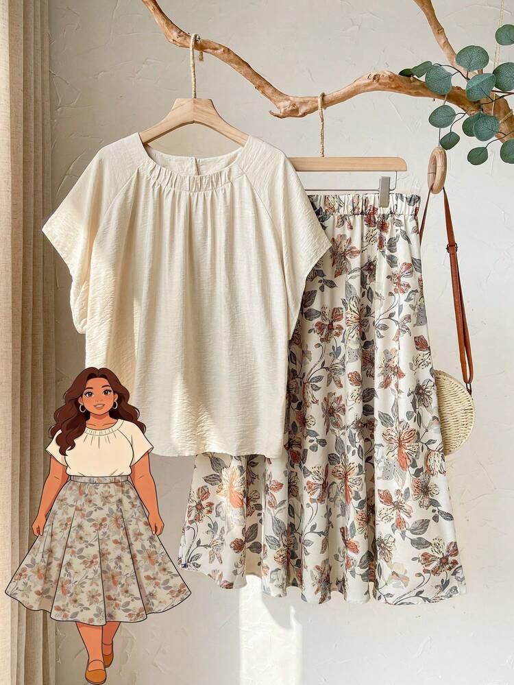 2pc Set Plus Size Women's Summer Casual Vacation  Country Solid Color Loose Top And Floral Print Skirt 2 Piece Set,Early Spring,Spring Break Outfits ,Vacation Outfits Women ,Holiday Outfits For Women,Going Out Outfits,2026 New Clothes,Simple And Fashionable For Everyday Wear, Summer Skirt Sets, Summer Outfit Set For Women, Skirts Sets