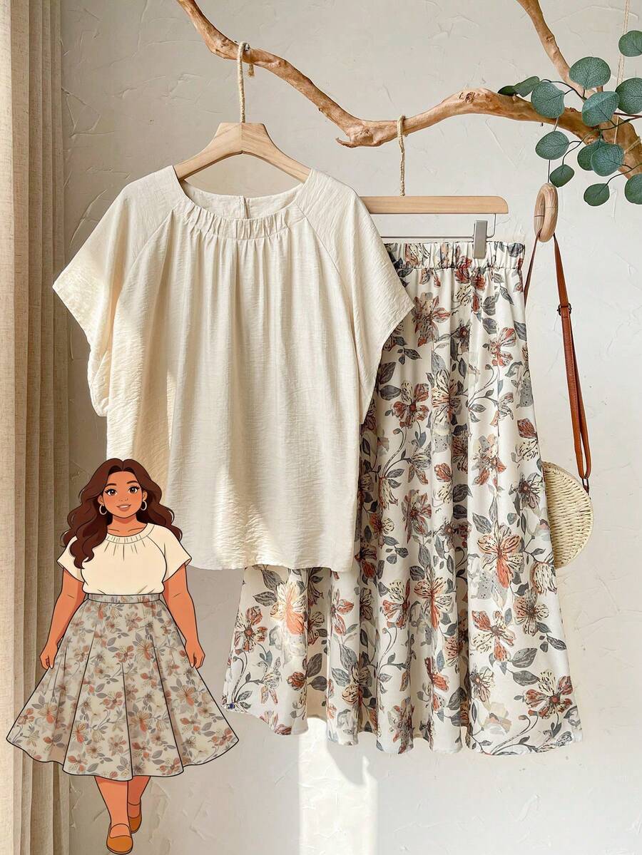 Rusticease Bộ đồ 2 món mùa hè cỡ lớn, kiểu dáng thường ngày, màu trơn, dáng rộng và họa tiết hoa. - Nhiều màu - Xem 1