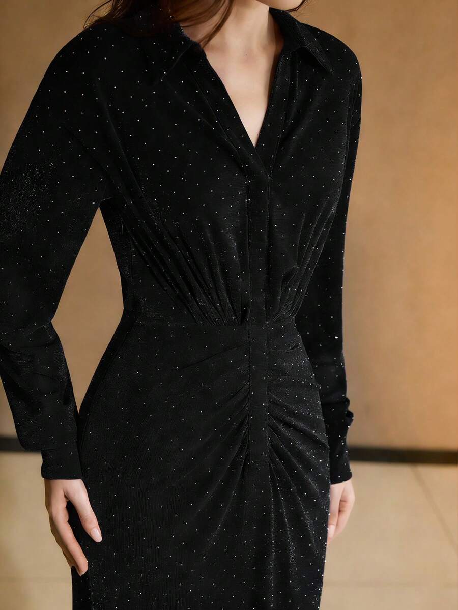 MOTF PREMIUM WOMEN'S RHINESTONE EMBELLISHED LONG DRESS, SUITABLE FOR DATES AND PARTIES - Black - View 2