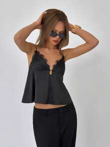 Aloruh Áo hai dây màu đen trơn viền ren dành cho nữ, thích hợp cho mùa xuân/hè. - màu đen - Xem 7