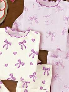 Tween Girls' Casual Super Cute Ballet Style Purple Bow & Heart Print Long Sleeve Top And Pants Pajama Set, Suitable For All Seasons, Summer, Autumn/Winter - Multicolor - View 3