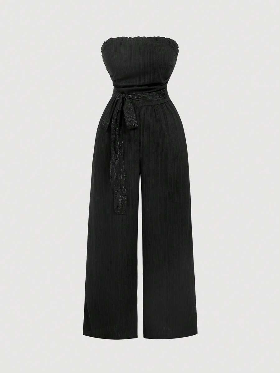 SHEIN MOD Plus Size Women's Long Ruffled Hem Wide Leg Jumpsuit - Black - View 1