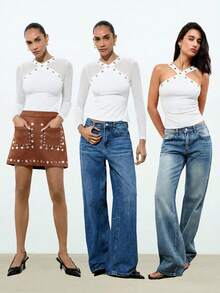 Maija Black V-Neck Eyelet Design Metal Decor Mesh Patchwork Fitted Waist Long Sleeve Top, Versatile For Urban Chic, Autumn/Winter - White - View 8