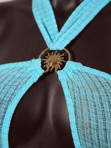 SaltGleam SaltGleam Blue Knitted Fabric Halter Neck Bodysuit Women's Sexy Sleeveless Design With Ring Detail Semi-Sheer Plain - Blue - View 5