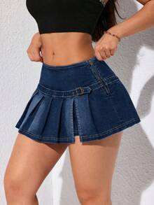 SHEIN ICON Rok celana denim kasual lipit patchwork dengan desain gesper untuk wanita. - Biru - View 3