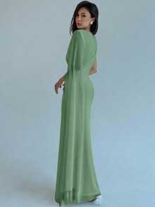 Aloruh Women's Solid Color Pleated Asymmetric Collar Elegant Dress - Green - View 2