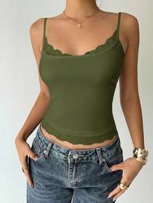 Aloruh Solid Color Fitted Lace Patchwork Casual Camisole Top, Summer - Army Green - View 5